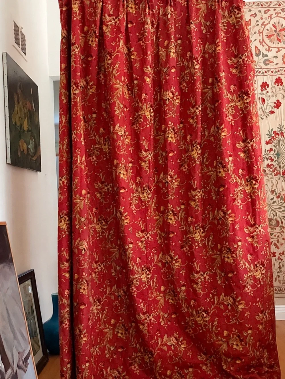 French Country Custom Pleated Drapes Floral Baroque Scroll Red 2 @ 105